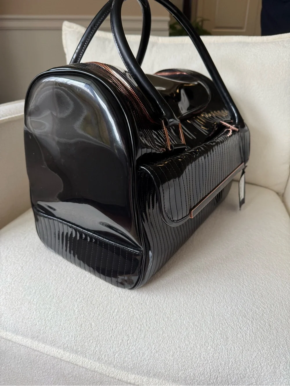 Ted Baker Black Patent Pet Carrier with Rose-Gold Hardware